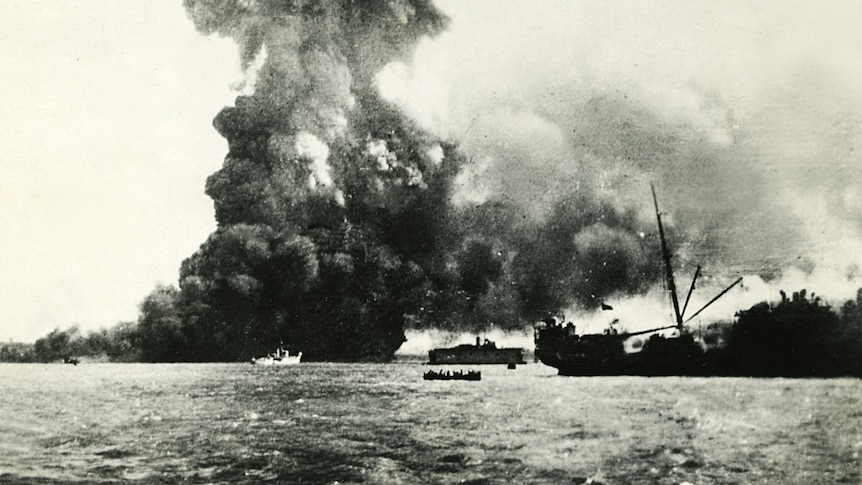 The Neptuna exploding at Darwin wharf on February 19, 1942. (Ref - PH0238/0885)