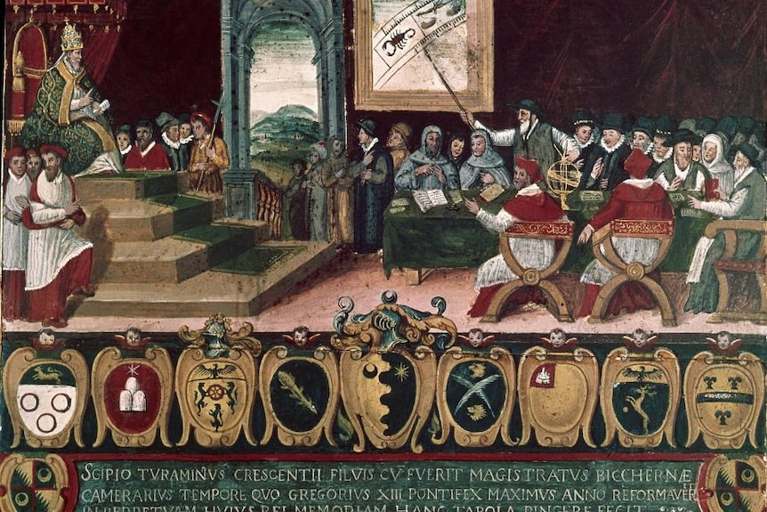 A painting of Pope Gregory XIII presiding over the reform of the calendar.
