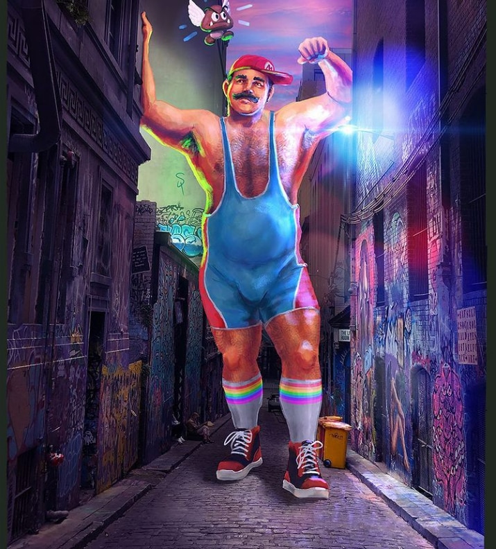 An artist impression of a queer man dressed as Mario.