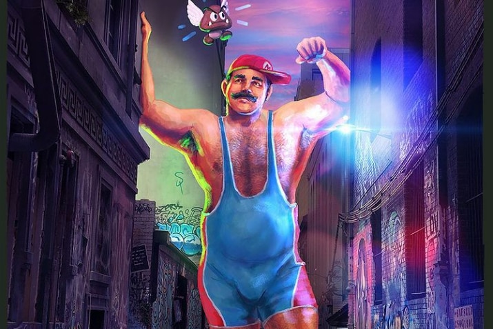 An artist impression of a queer man dressed as Mario.