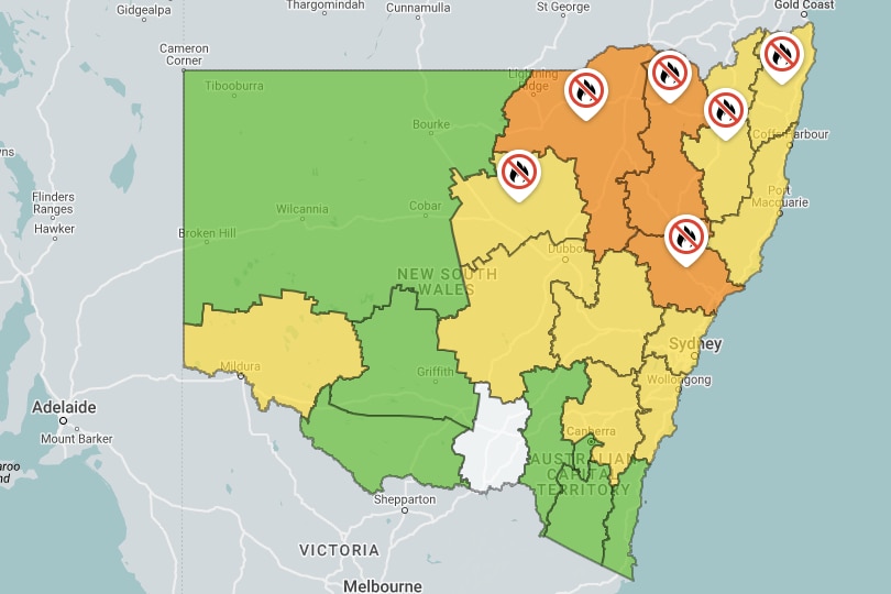 Map of NSW showing six fire bans and three regions in orange indicating extreme fire danger
