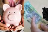 A composite image of a man holding a piggy bank on the left and someone taking 100 dollars out of a wallet on the right