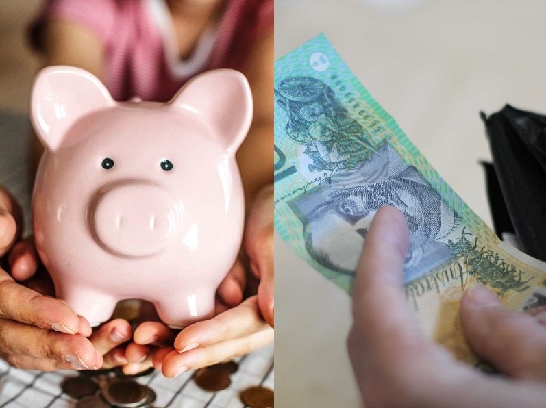 A composite image of a man holding a piggy bank on the left and someone taking 100 dollars out of a wallet on the right