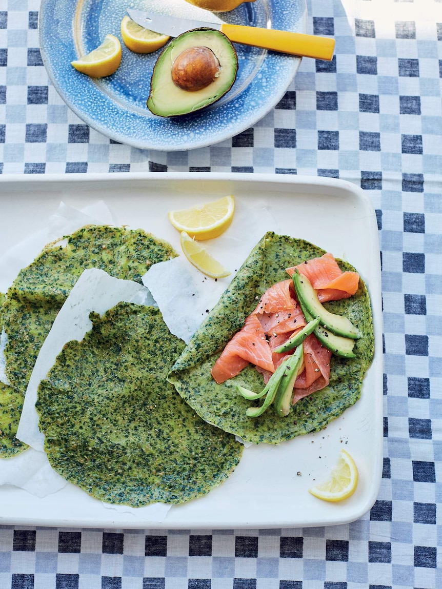 Spinach and spelt crepes with avocado.