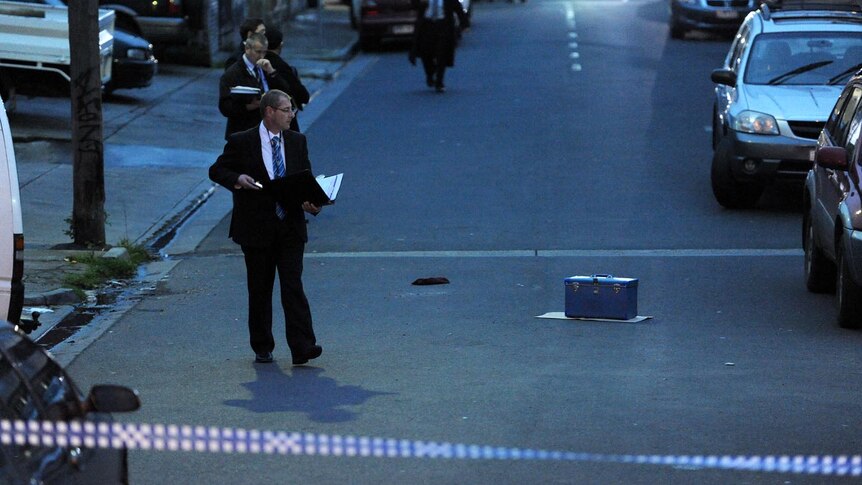Police at the scene of a fatal shooting in Brunswick, Melbourne on August 18, 2011.