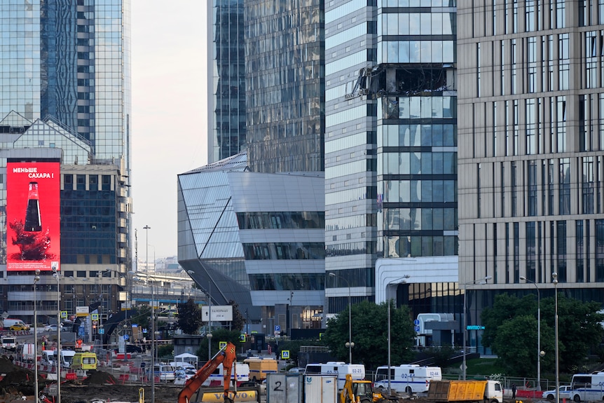 A view of the damaged skyscraper is shown in the "Moscow City" business district.