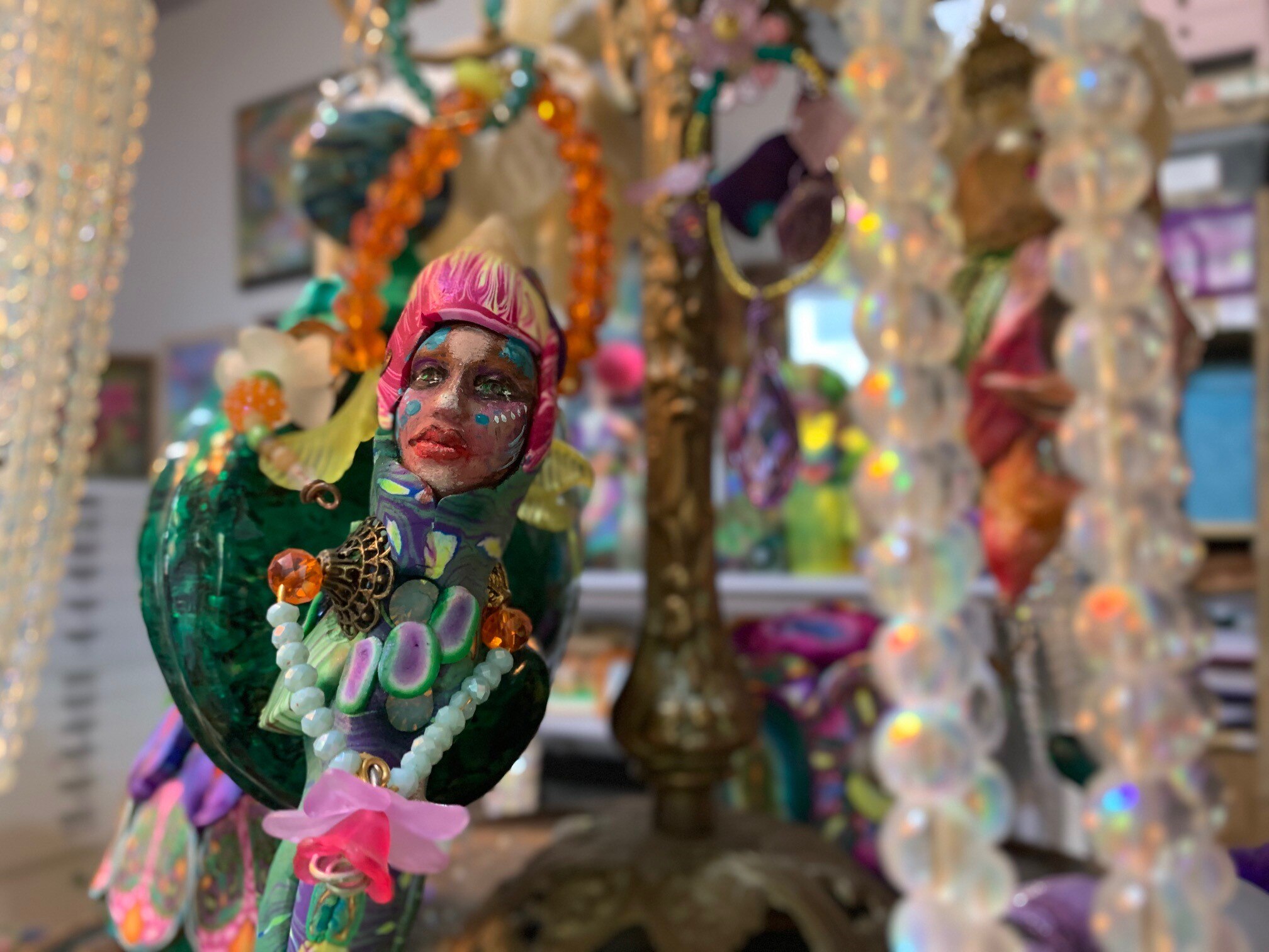 colouful court jester amongst beads 