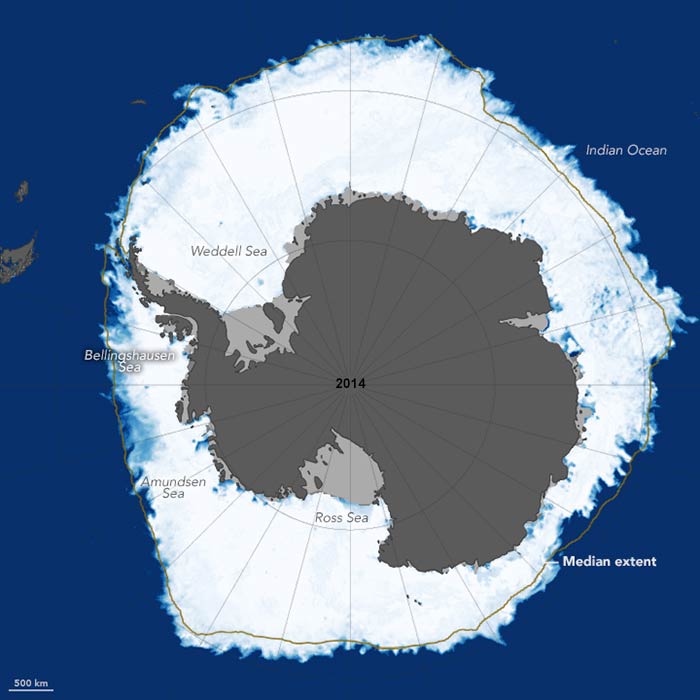 Satellite data image showing the maximum extent of Antarctic sea ice coverage on September 20, 2014