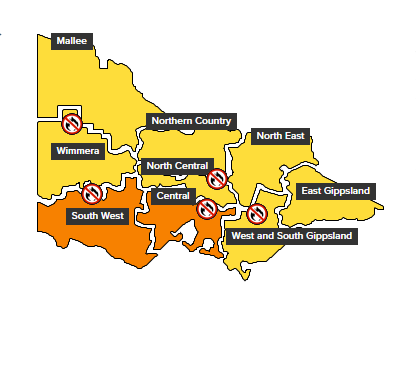 A map of Victoria indicating total fire bans in the Wimmera, North Central, Central and West and South Gippsland regions.