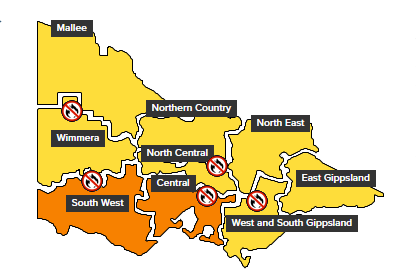 A map of Victoria indicating total fire bans in the Wimmera, North Central, Central and West and South Gippsland regions.