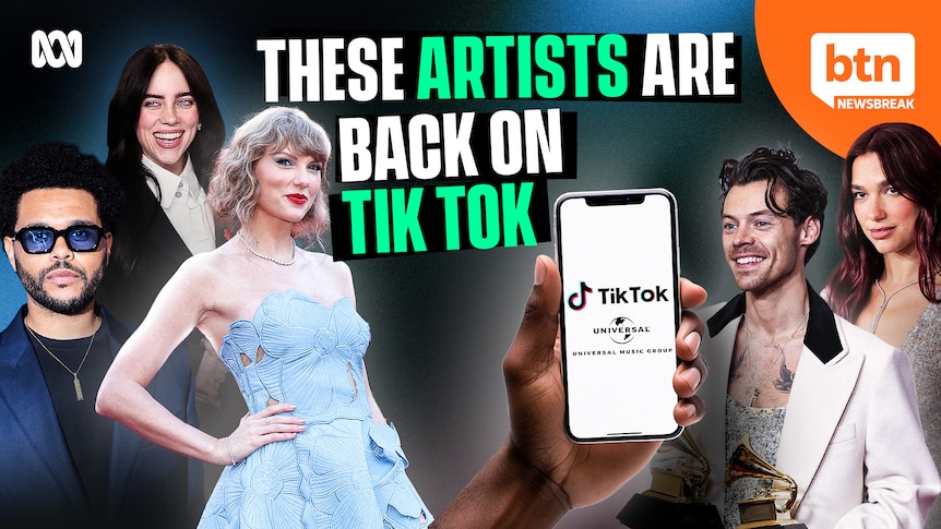 Images of celebrities alongside a hand holding a phone with the TikTok logo and the words these artists are back on TikTok.
