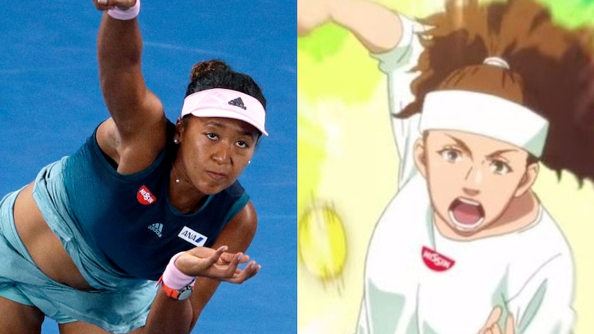 A woman serves while playing tennis next to a cartoon image of the same player, but with white features