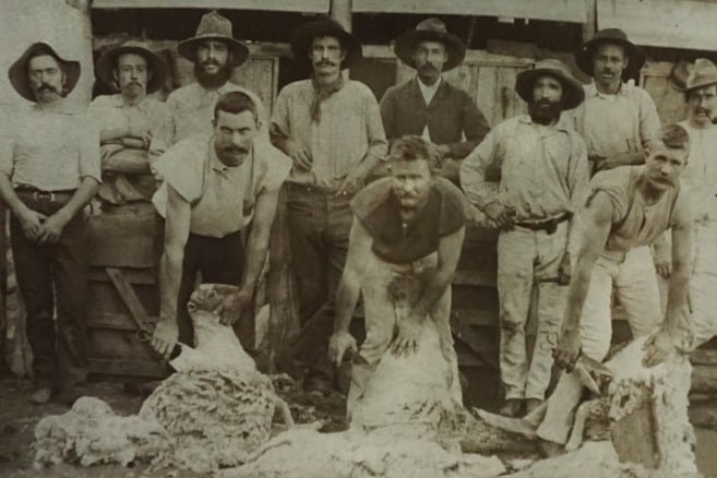 An old black and white photo of shearers in 1891