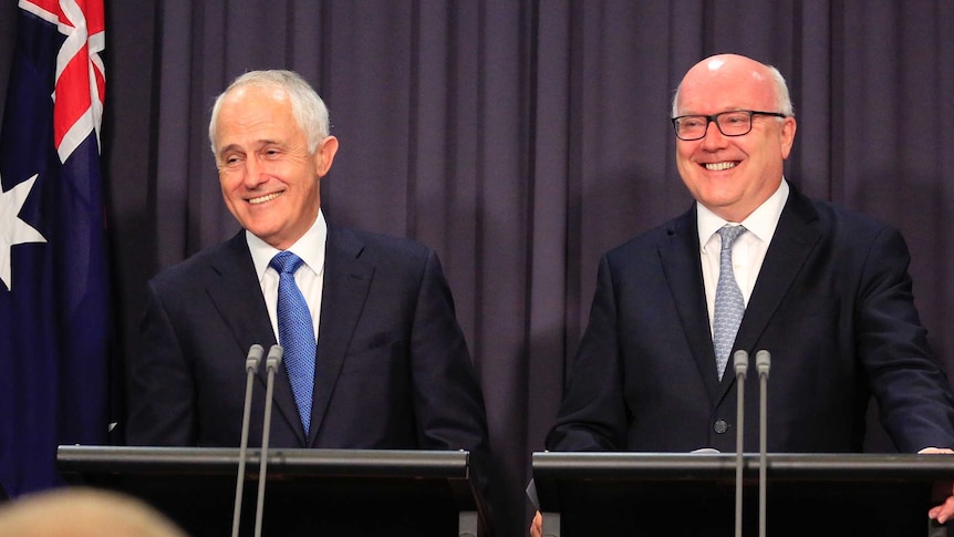Malcolm Turnbull and George Brandis smile while addressing media.