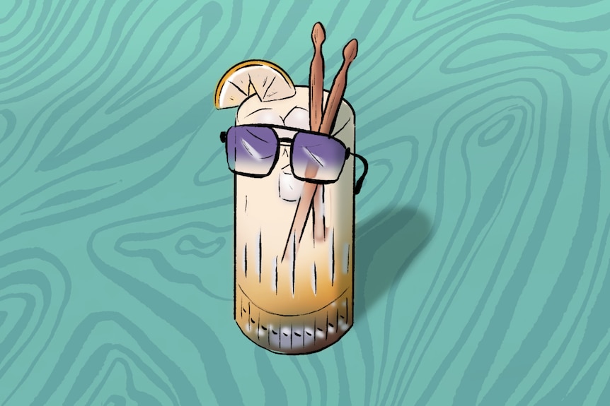 Cartoon of a tall glass with a slide of lemon, sunnies on and drumsticks in it.