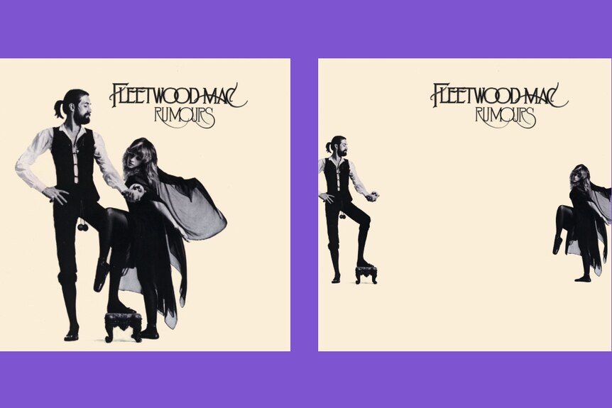 The cover of Fleetwood Mac's rumours, next to the same cover but with the two members spaced further apart