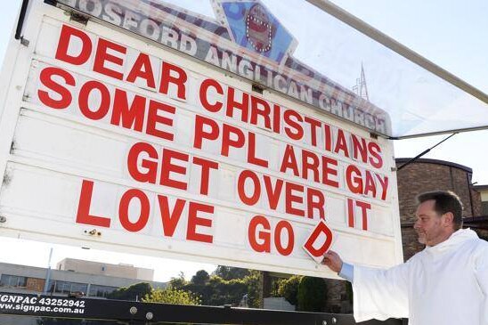 A church sign reads "Dear Christians, some people are gay, get over it. Love God."