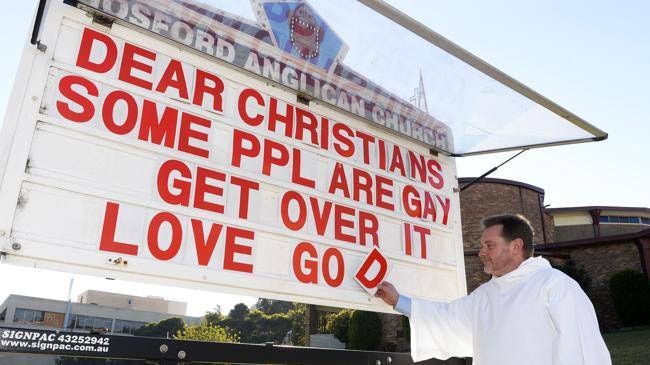 A church sign reads "Dear Christians, some people are gay, get over it. Love God."