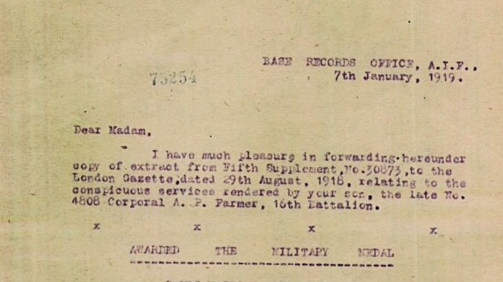 The Military Medal citation for Private Augustus Pegg Farmer