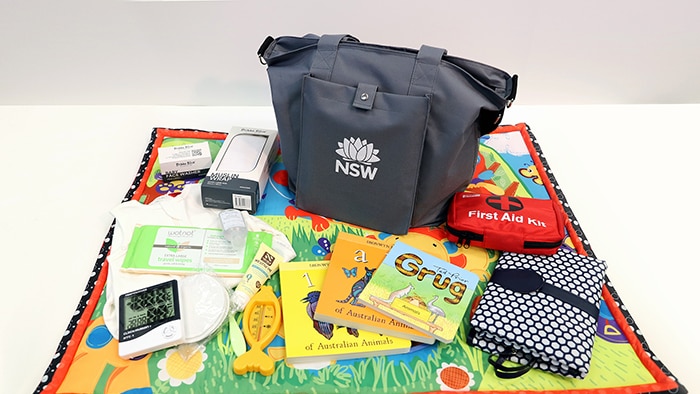 A bag on a mat with a number of items