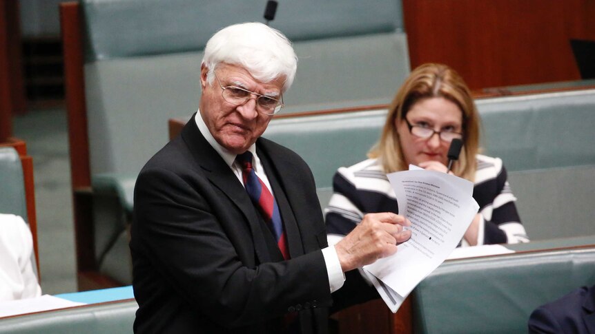 North Queensland MP Bob Katter asks a question during Question Time. He has a stern look and is gesturing at a piece of paper