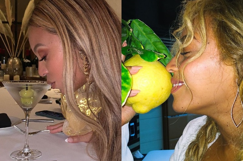 A composite image of Beyonce drinking a martini and smelling a lemon