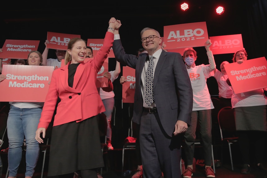 Julie Collins and Anthony Albanese at a Labor rally