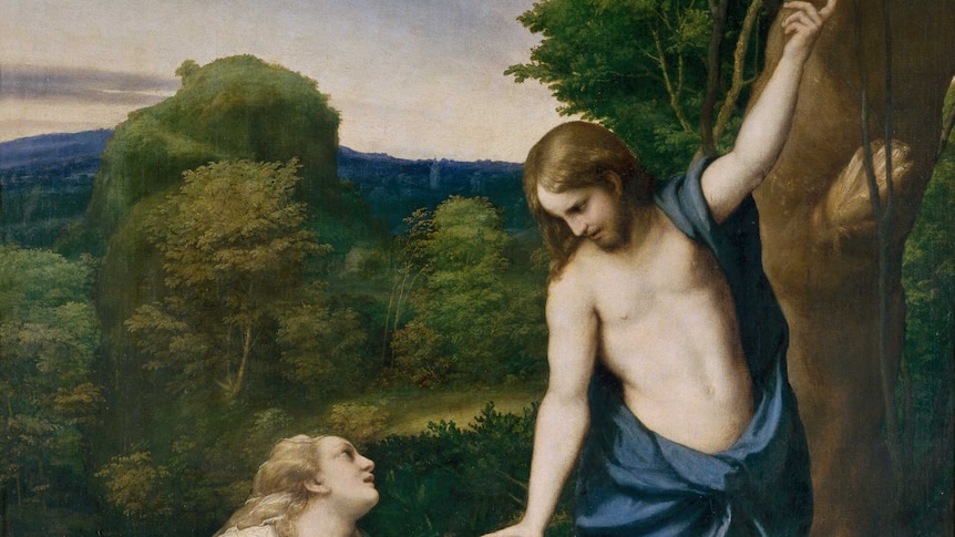 Antonio Correggio, Italian c.1489–1534, Noli me tangere c.1525, oil on wood panel transferred to canvas.