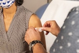A bandage is placed on the injection site of a patient's arm.