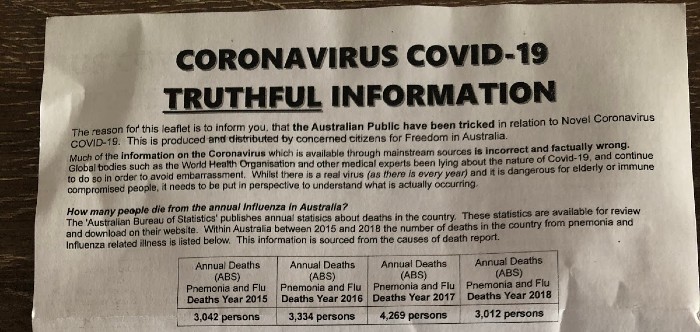 A pamphlet entitled "Coronavirus COVID-19 truthful information"