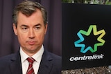 Composite image of Michael Keenan (left) and a Centrelink sign (right)