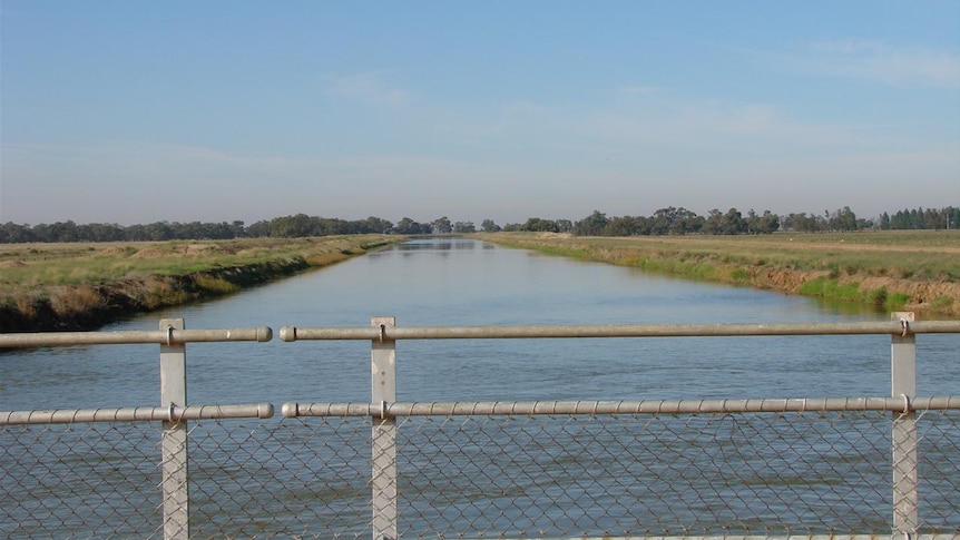 A large irrigation channel with green grass on banks on either side