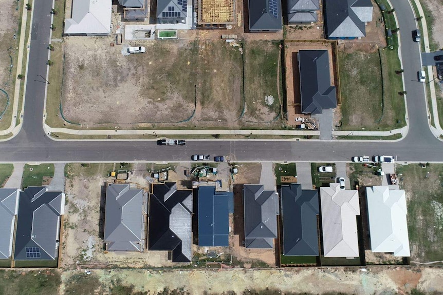 Aerial view of houses on small blocks along a street, with empty blocks opposite