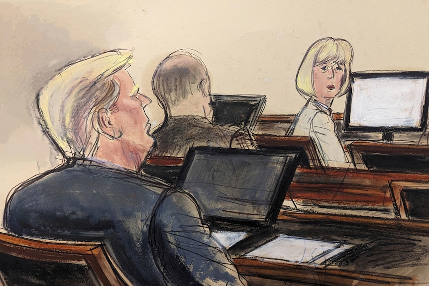 A sketch of a woman looking towards a man in a courtroom. 