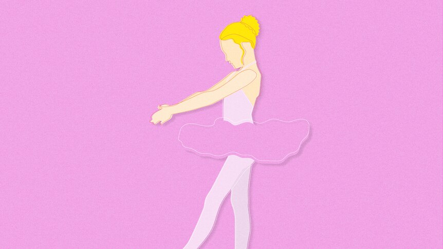 A collage-style illustration of a young ballerina.