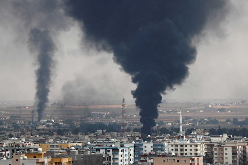 Smoke rises over the Syrian town of Ras al Ain.