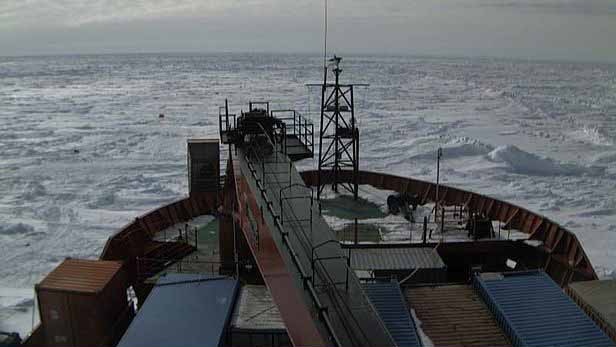 A webcam image shows the  bow of Aurora Australis and  the ice surrounding the ship in Antarctica