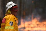 A firefighter in helmet and goggles against a burning backdrop.