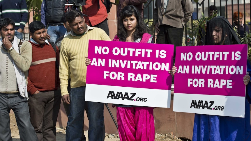 Indian activists protest outside the district court Saket in New Delhi during a high-profile gang-rape trial.