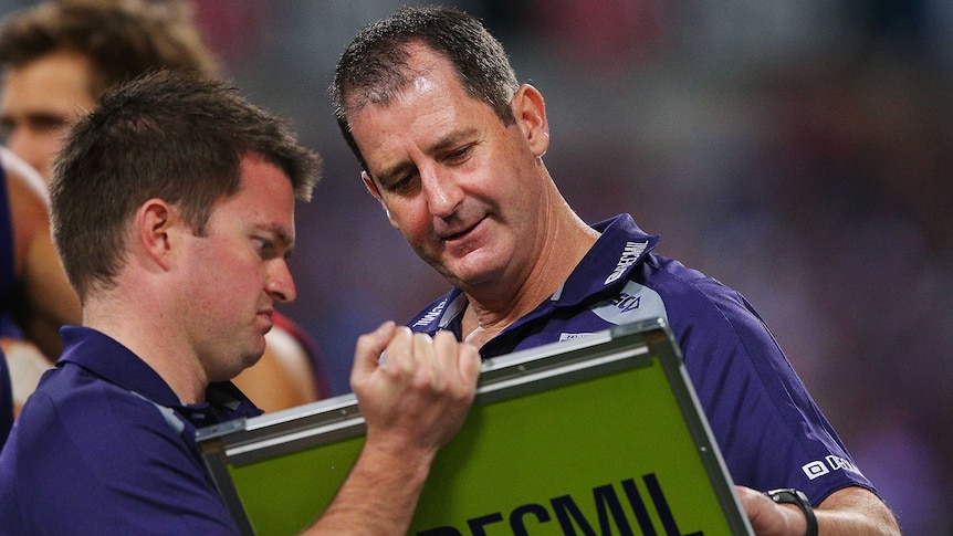 Dockers coach Ross Lyon makes moves at three-quarter time against Sydney at Subiaco Oval.