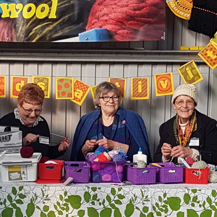 Colleen Dunn, Lyn Binney and Margaret Bell knitting and chatting away at Sheepvention