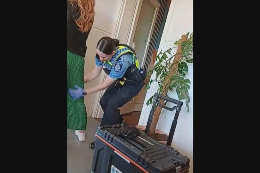 A policewoman searches a woman's leg inside a home.