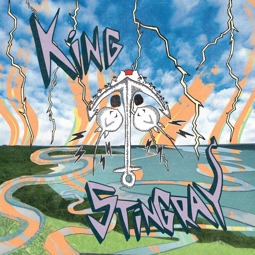The art for King Stingray's self-titled album with the band's logo and a stingray anchor against colourful topography