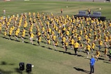 dancers in rows wearing yellow t-shirts dancing to Nutbush City Limits