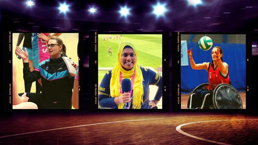 Three portraits of women in 'film' frames, a netball coach, a woman in hijab holding a microphone, a wheelchair rugby player