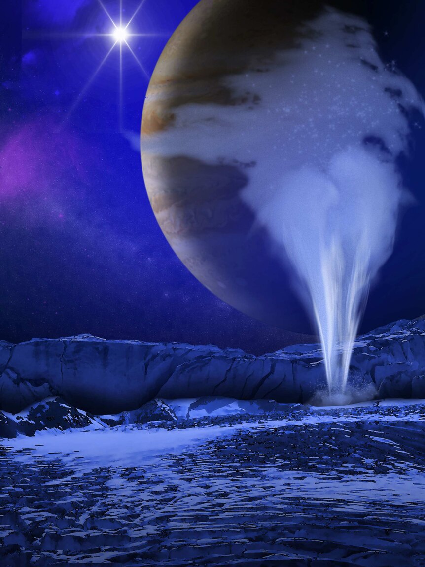 Artistic illustration of Europa's icy surface with a water jet in the foreground.