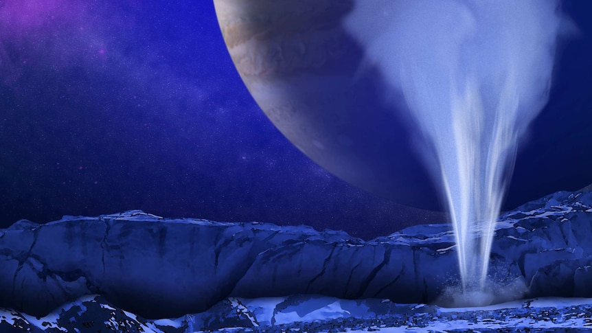 Artistic illustration of Europa's icy surface with a water jet in the foreground.