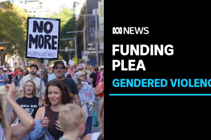 Funding Plea, Gendered Violence: A rally walks down a street. A woman holds a sign saying 'No More'.