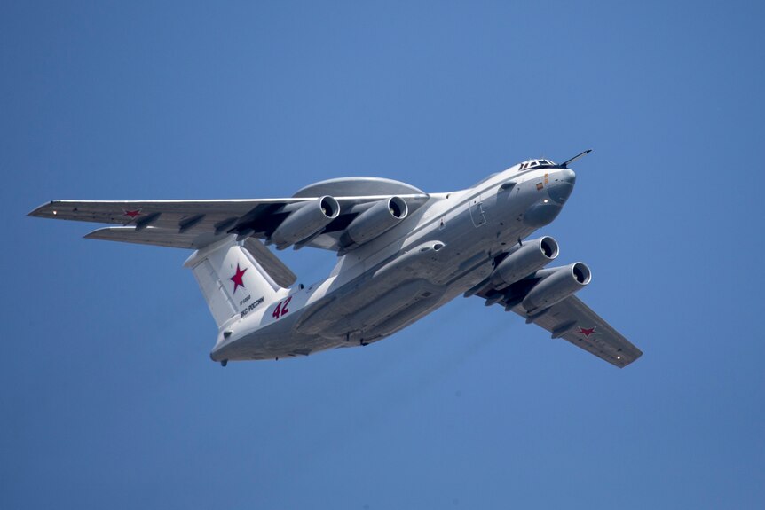 Russian Beriev A-50 airborne early warning and control training aircraft in the skies over Moscow