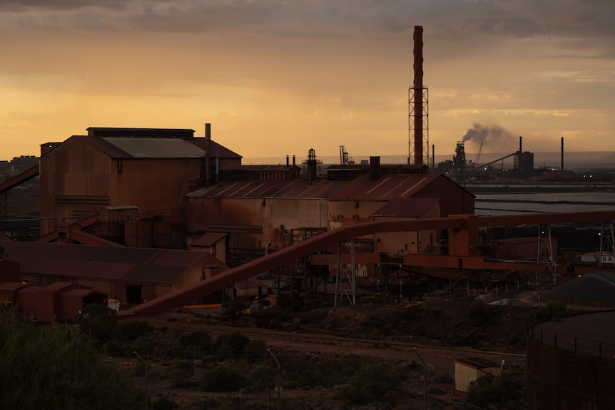 A view of the Whyalla steelworks taken at sunset